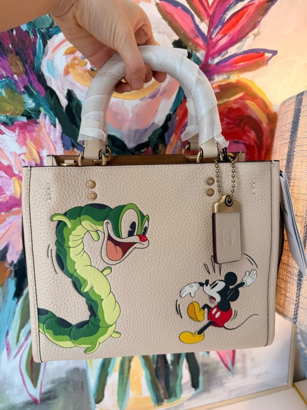 NWT COACH X DISNEY IVORY LEATHER ROGUE 25 WITH MICKEY MOUSE & CATERPILLAR CH461 - Picture 11 of 13